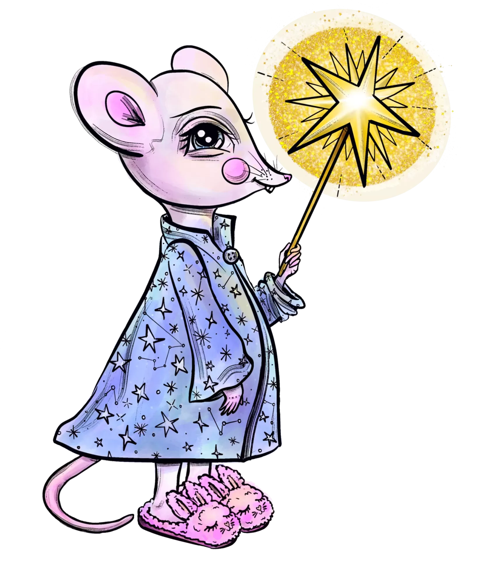 A cartoon mouse, like a character straight from The Rabbit Hole Children’s Theater, wears a star-patterned robe and pink slippers while holding a glowing magic wand near its face.