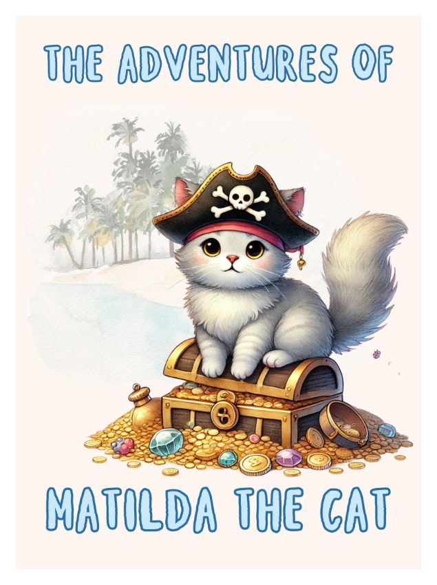 Illustration of a cat wearing a pirate hat, sitting on a treasure chest with coins amidst beach scenery. Text reads: "The Adventures of Matilda the Cat," capturing the whimsical spirit of a puppet show.