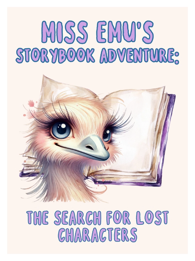Illustration of an emu with a storybook behind it. Text reads, "Miss Emu's Storybook Adventure: The Search for Lost Characters." Experience the charm of a puppet show as each page turns into a whimsical stage.