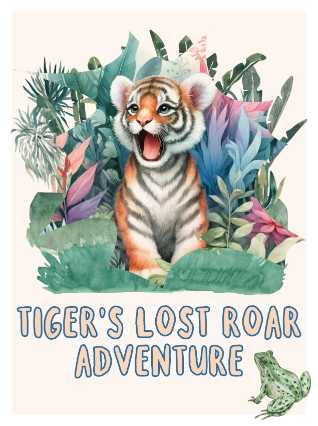 Illustration of a tiger cub sitting among colorful leaves, titled "Tiger's Lost Roar Adventure," reminiscent of a whimsical puppet show, with a small frog in the corner.
