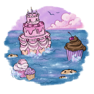 A whimsical illustration of a pink cake adorned with candles, surrounded by cupcakes and cookies floating on water, sets the perfect scene for enchanting birthday parties under a dreamy purple sky with clouds.