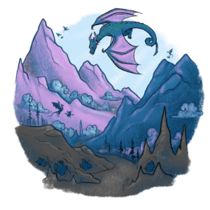 Illustration of a dragon soaring over a majestic landscape, perfect for birthday parties. The scene features purple mountains, a vibrant blue sky, and scattered clouds, creating a dreamy backdrop for celebrating special moments.