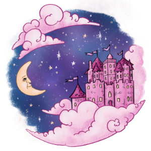A whimsical illustration of a pink castle resting on fluffy clouds under a starry night sky, with a crescent moon casting its glow—a perfect dreamscape for enchanting birthday parties.