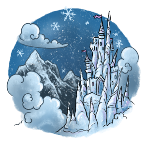 An illustrated ice castle stands majestic against snowy mountains and clouds, all framed by a starry night sky—perfect for magical birthday parties.