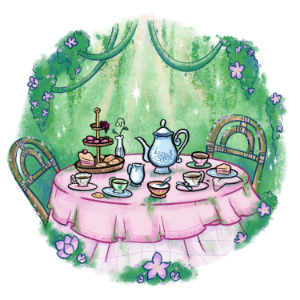 Illustration of a whimsical tea party setup perfect for birthday parties, featuring a charming teapot, cups, saucers, and an array of pastries on a pink tablecloth-draped table nestled between two chairs in a serene garden setting.
