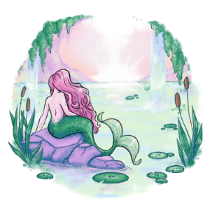 An enchanting illustration of a mermaid with long pink hair sitting on a rock, surrounded by lily pads and cattails, gazes dreamily at a pastel-hued sunset over the water—a perfect centerpiece for magical birthday parties.