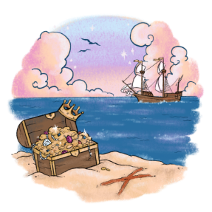 An open treasure chest filled with jewels sits on the beach, perfect for sparking imaginations at birthday parties. A ship sails in the ocean under a sky with clouds and birds, adding to the enchanting backdrop of adventure and celebration.