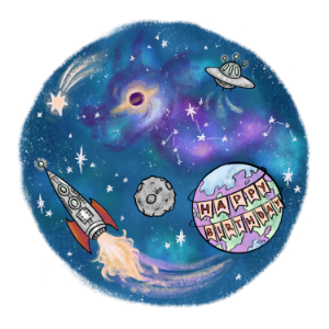 A galaxy-themed illustration perfect for birthday parties features a rocket, UFO, asteroid, black hole, and a planet adorned with "Happy Birthday" text. Stars and vibrant nebulae fill the backdrop, setting a cosmic scene that's sure to delight partygoers.