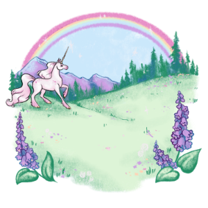 A unicorn trots gracefully on a grassy hill adorned with purple flowers, perfect for enchanting birthday parties. A vibrant rainbow arches over the mountains and trees under a light blue sky, creating a magical backdrop.
