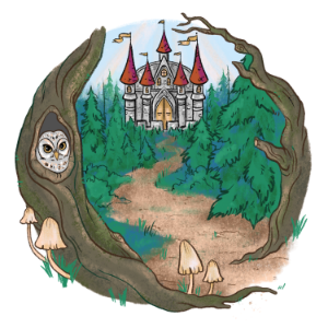 Illustration of a forest path leading to a castle with red-roofed towers, perfect for magical birthday parties. An owl is perched on a tree while mushrooms grow nearby, enchanting the scene.