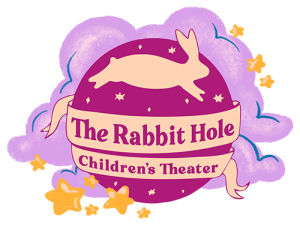 Logo for The Rabbit Hole Children’s Theater featuring a silhouette of a rabbit leaping over a purple cloud and yellow stars, with the theater name written on a ribbon.