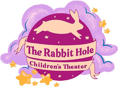 Logo for The Rabbit Hole Children’s Theater featuring a silhouetted rabbit, purple clouds, stars, and a banner with the theater’s name.