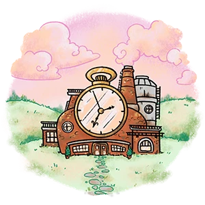 A whimsical building shaped like a stopwatch sits on grassy hills under a pink sky with fluffy clouds, setting the perfect scene for magical Storyteller Birthday Parties.
