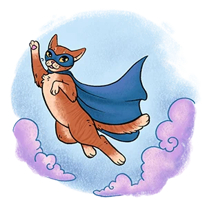 Illustration of a brown cat wearing a blue mask and cape, flying through the sky with pink clouds in the background.
