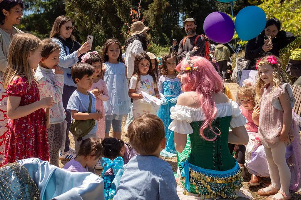 A group of children gathers outdoors around a woman in a mermaid costume during one of the Storyteller Birthday Parties, while adults stand nearby taking photos. Blue and purple balloons add to the festive scene in the background.
